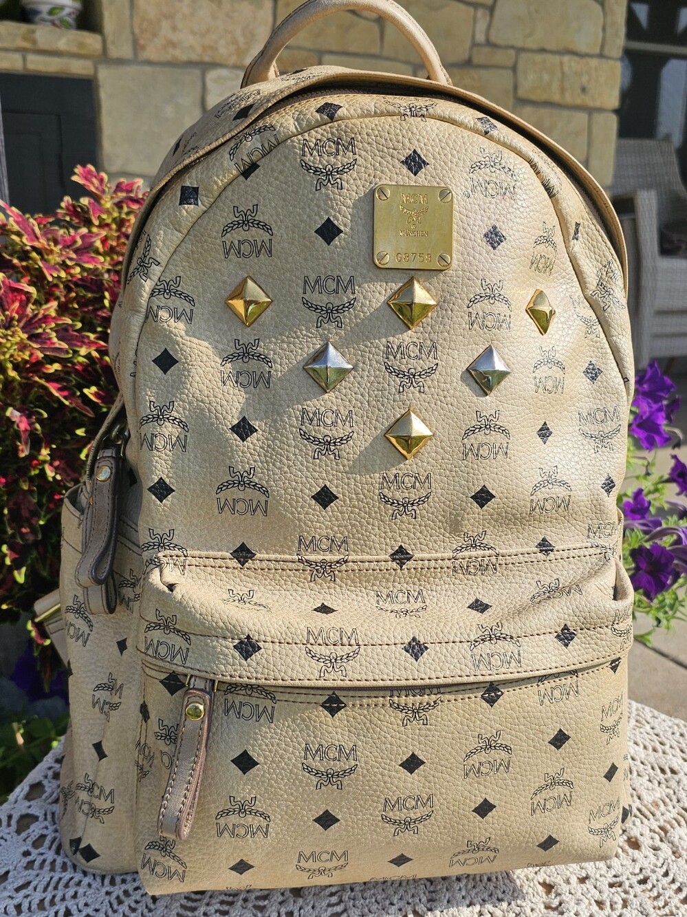 MCM Stark Visetos Beige Logo Studded Backpack With COA